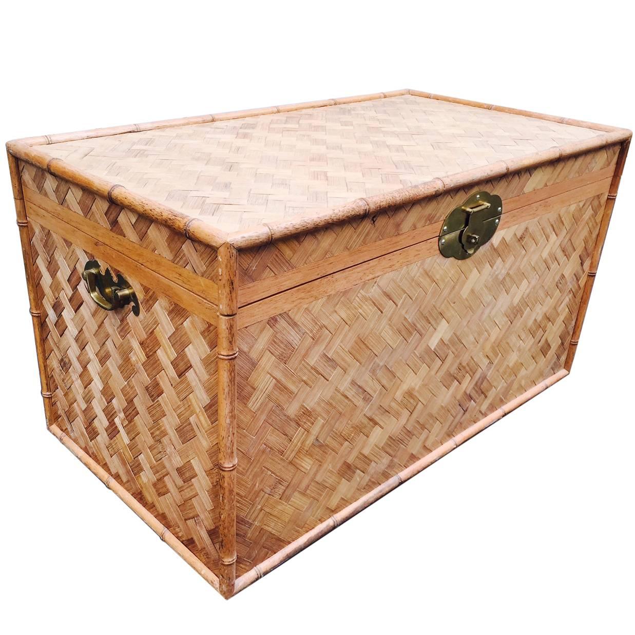 Large Bamboo and Woven Cane Brass Trunk Table
