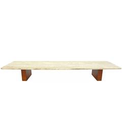 Low Travertine and Wood Coffee Table