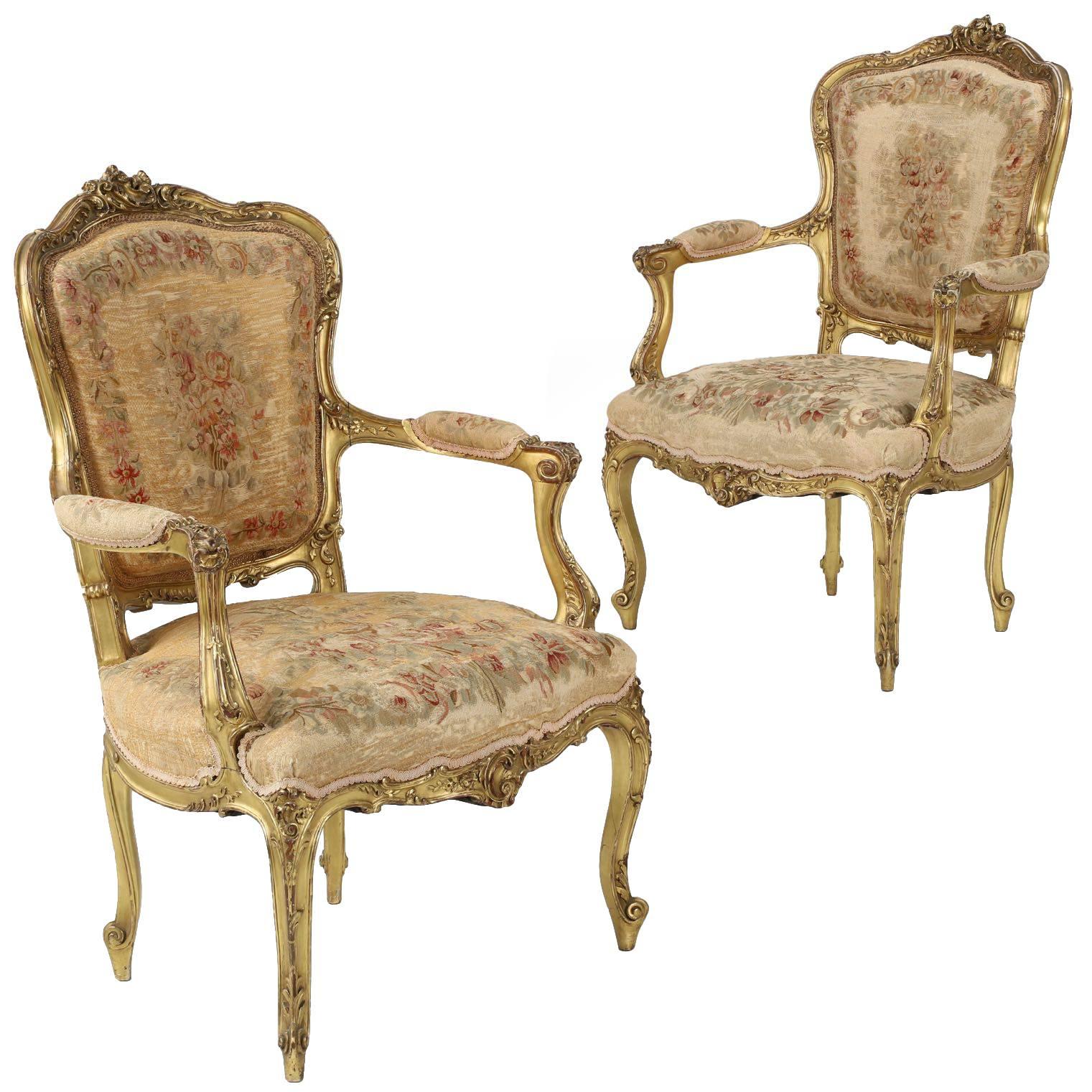 Pair of French Louis XV Style Antique Fauteuil Armchairs, circa 1870