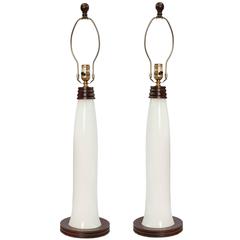 Midcentury Pair of Brazilian Table Lamps in Milk Glass with Wood Accents