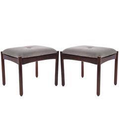 Pair of Sergio Rodrigues Jacaranda Stools with Grey Velvet Seats