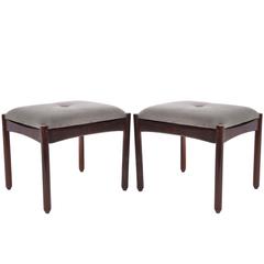 Pair of Sergio Rodrigues Jacaranda Stools with Grey Velvet Seats 10