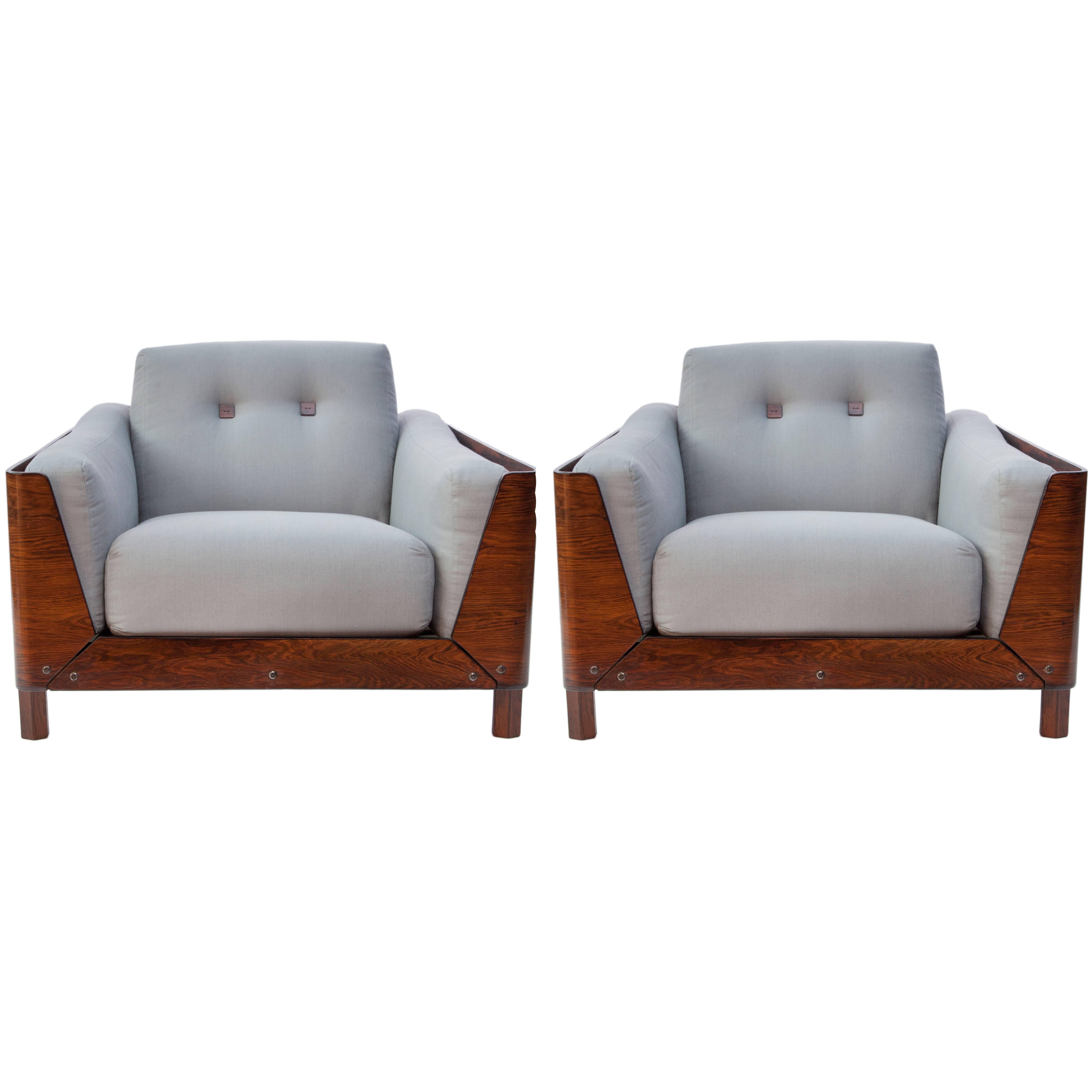Pair of Armchairs Attributed to Jorge Zalszupin in Jacaranda and Grey Linen