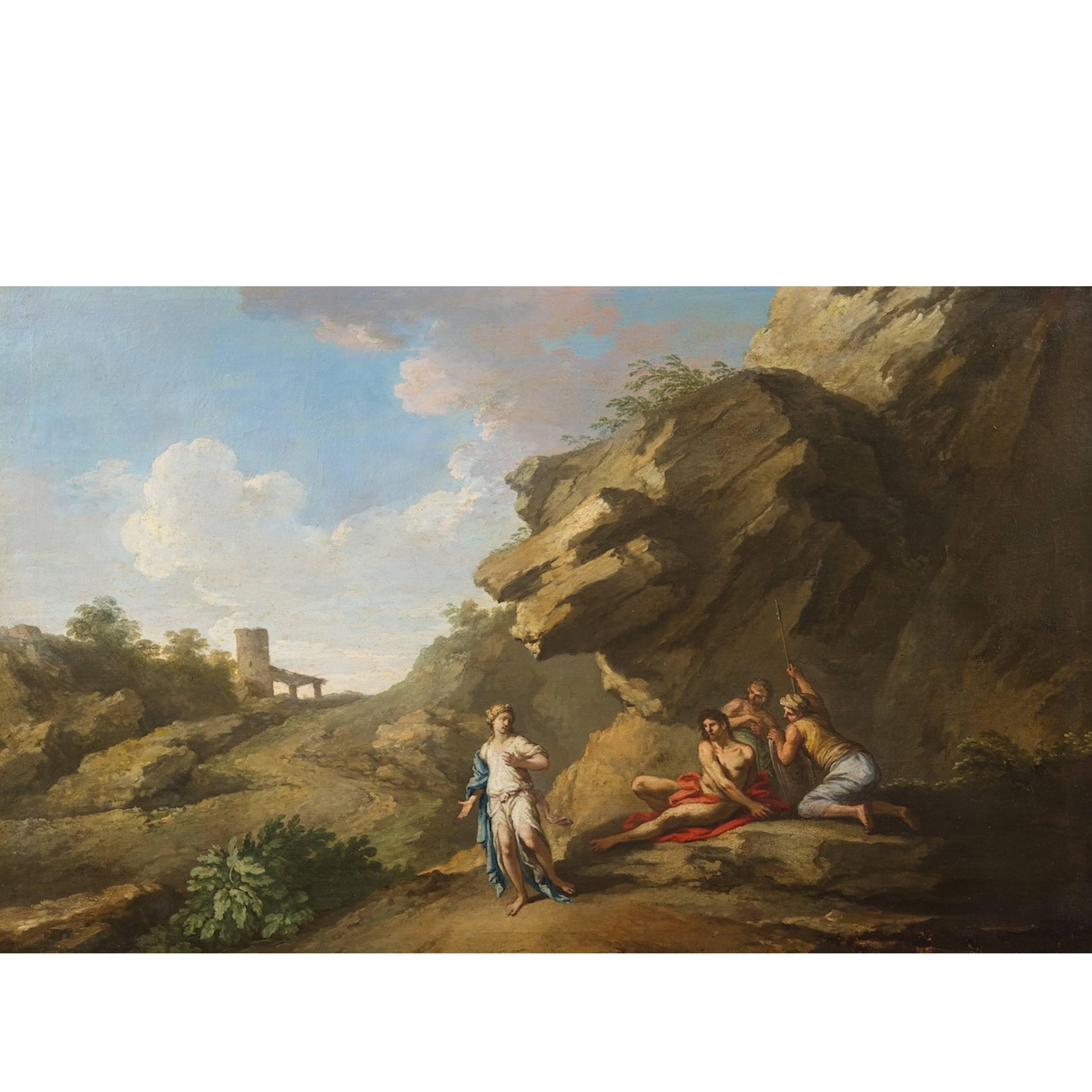 Andrea Locatelli, peinture de paysage italienne/romaine avec personnages, 18e siècle