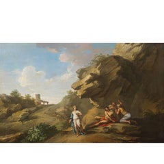 Antique Andrea Locatelli, Italian/Roman Landscape Painting with Figures, 18th Century