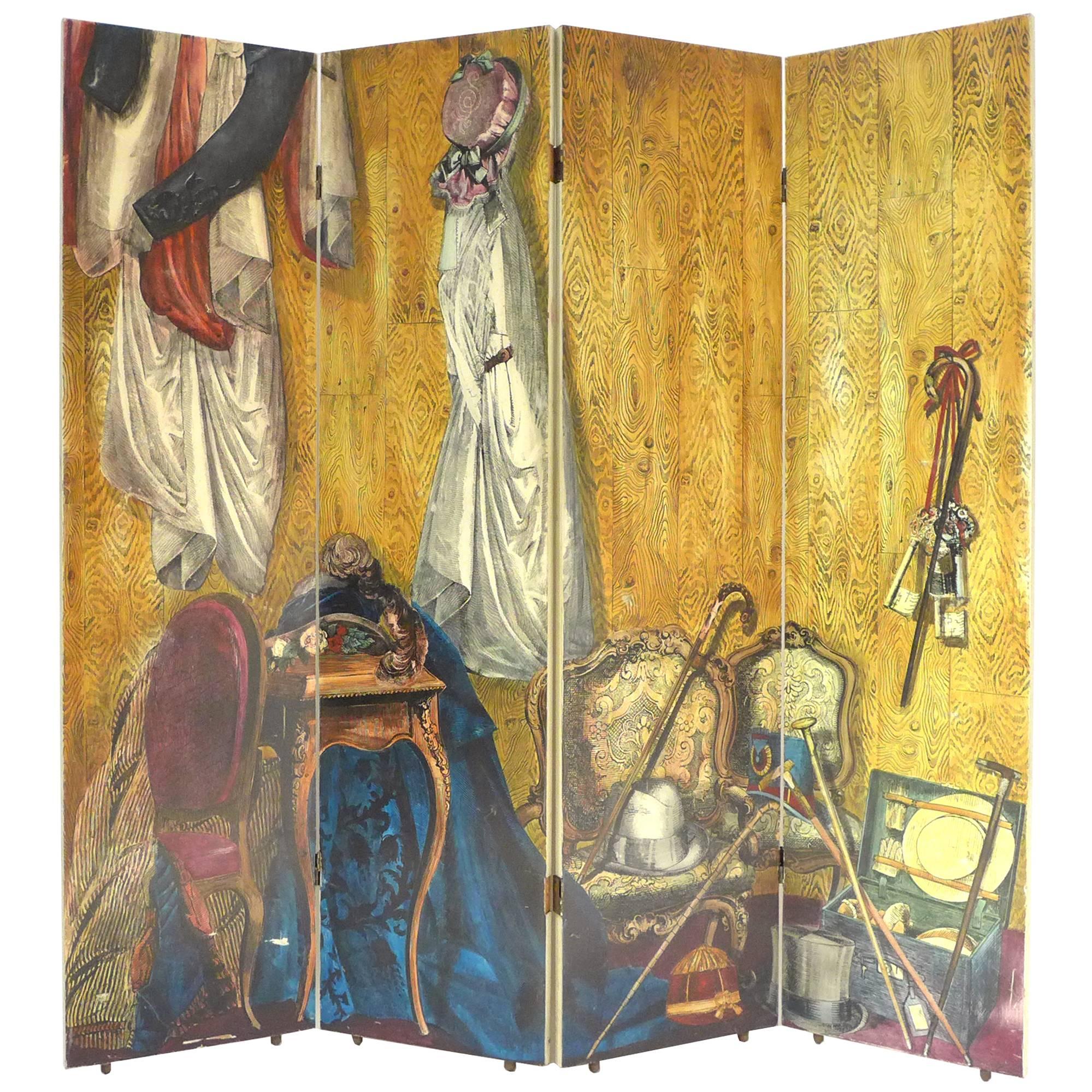 Trope L'Oeil Four-Panel Screen Attributed to Piero Fornasetti For Sale