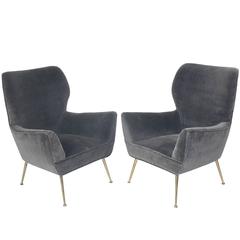 Pair of Modernist Italian Lounge Chairs in Charcoal Gray Velvet
