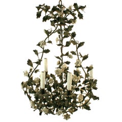 French Tole Chandelier with Porcelain Flowers, c1850