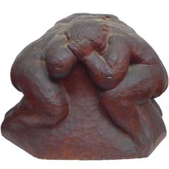 Chip-Carved Wood "Wrestlers" Sculpture
