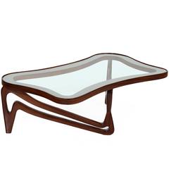 Curved Solid Peroba De Rosa and Glass Coffee Table Attributed to Scapinelli