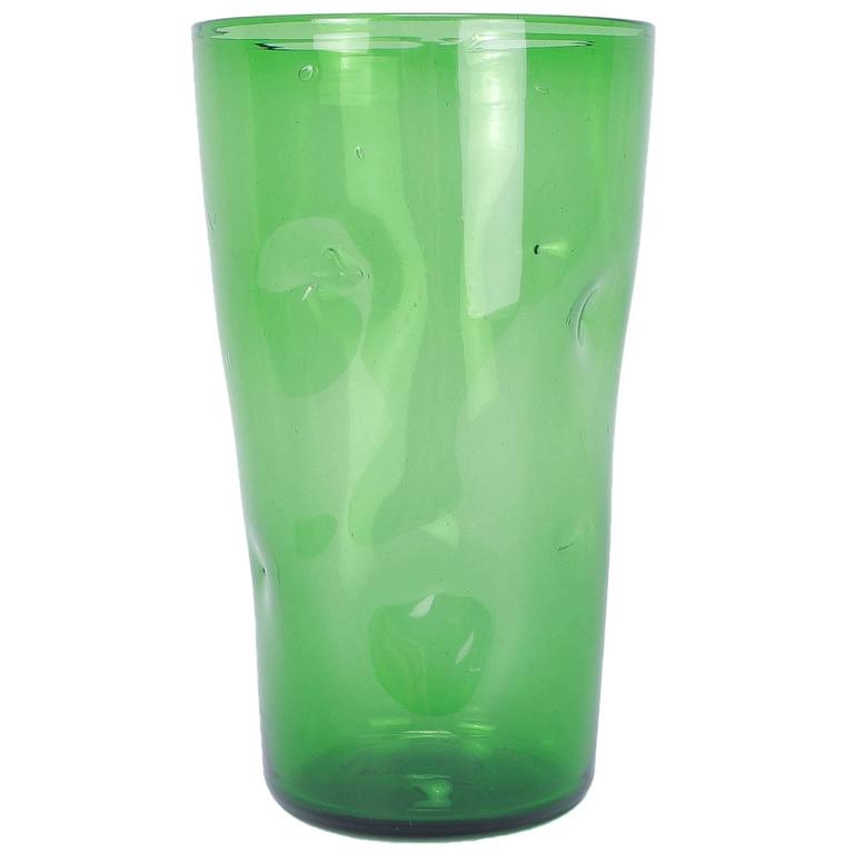Vase En Verre Vert Intense Des Années 30 - Style Murano / Vetro Di Empoli - Italie - Vintage