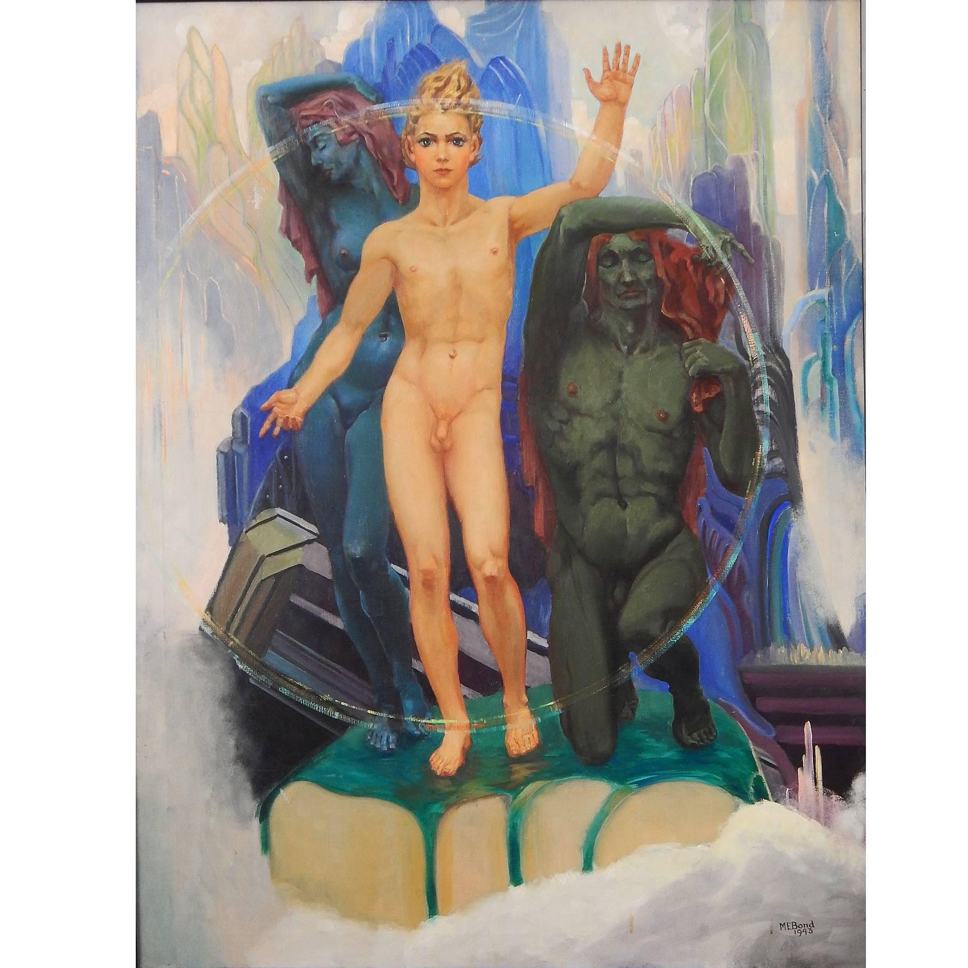 "Kublai Khan, " Large Art Deco Painting Masterpiece with Male Nudes, 1943