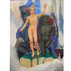 Vintage "Kublai Khan," Large Art Deco Painting Masterpiece with Male Nudes, 1943