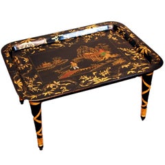 19th Century Papier Mache Tray On Stand With Gilded Decoration 