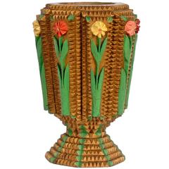 Vintage Painted Tramp Art Vase with Flowers