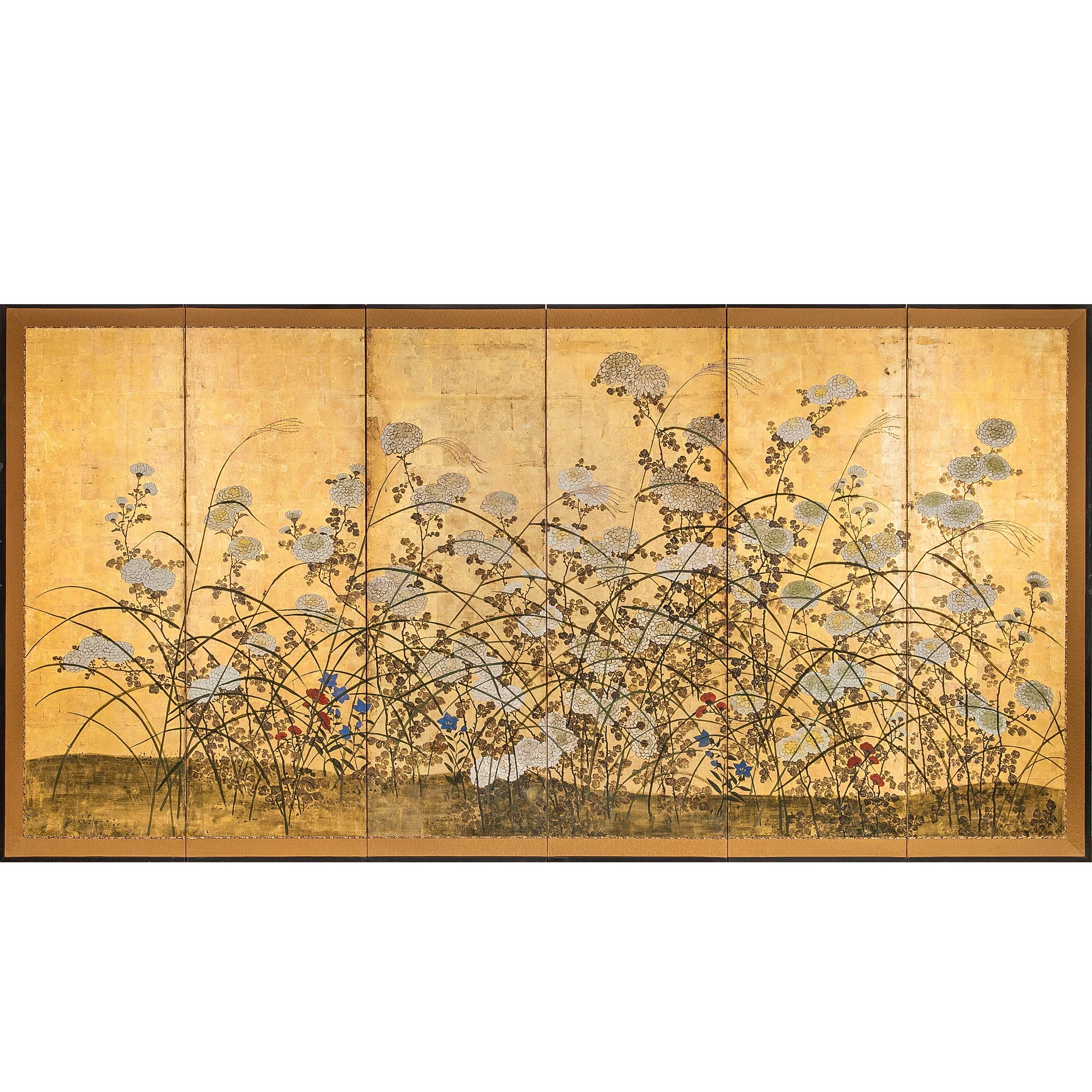 Japanese Screen White Chrysanthemums and Wild Grasses