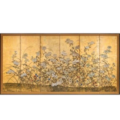 Japanese Screen White Chrysanthemums and Wild Grasses