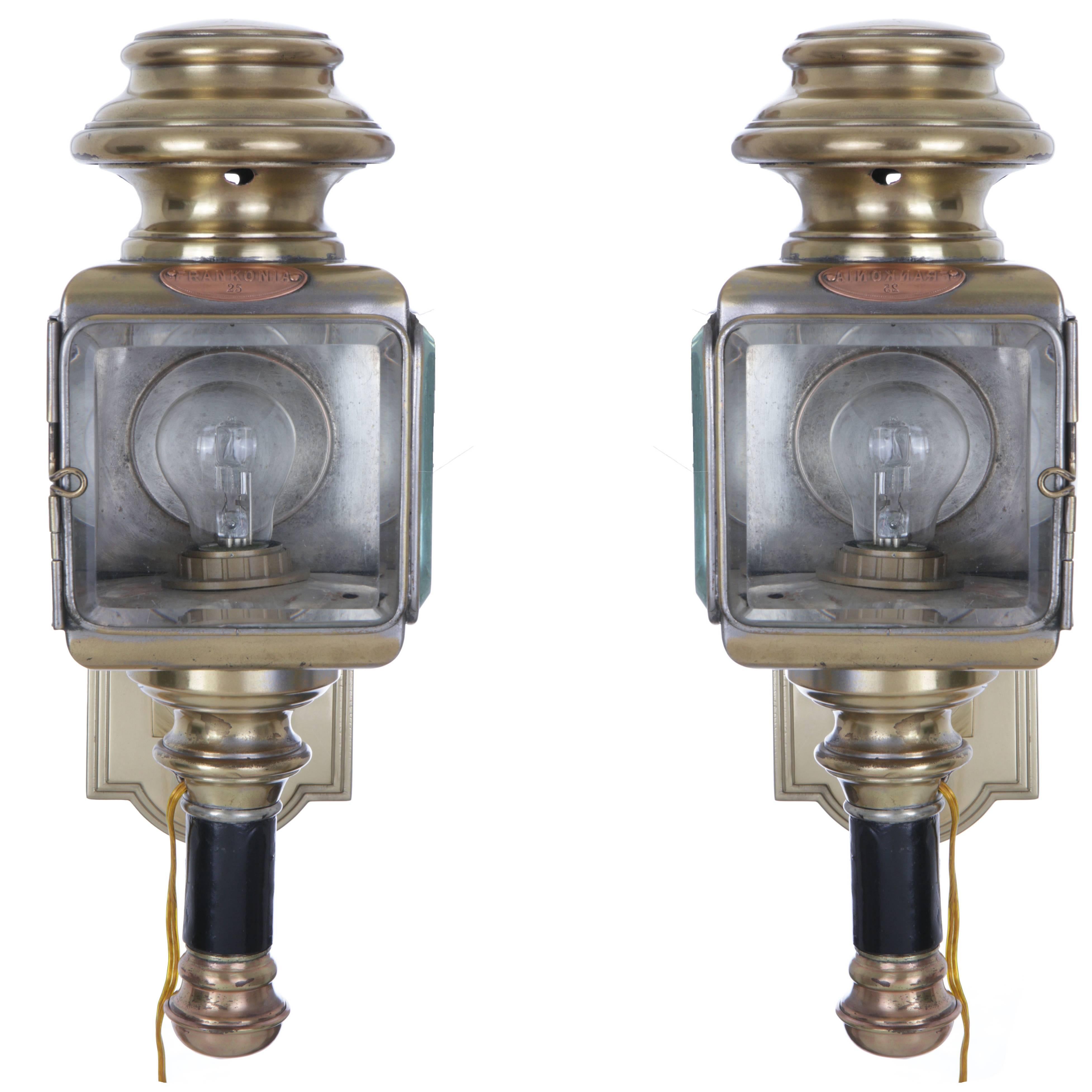 Pair of Carriage Brass and Glass Wall Lights, circa 1890