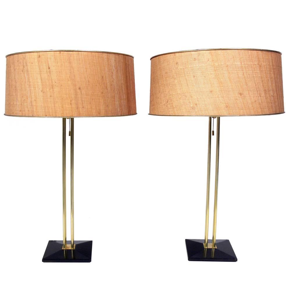 Pair of Brass and Grasscloth Shaded Table Lamps by Gerald Thurston 