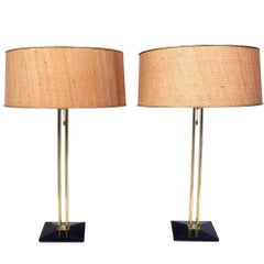 Pair of Brass and Grasscloth Shaded Table Lamps by Gerald Thurston