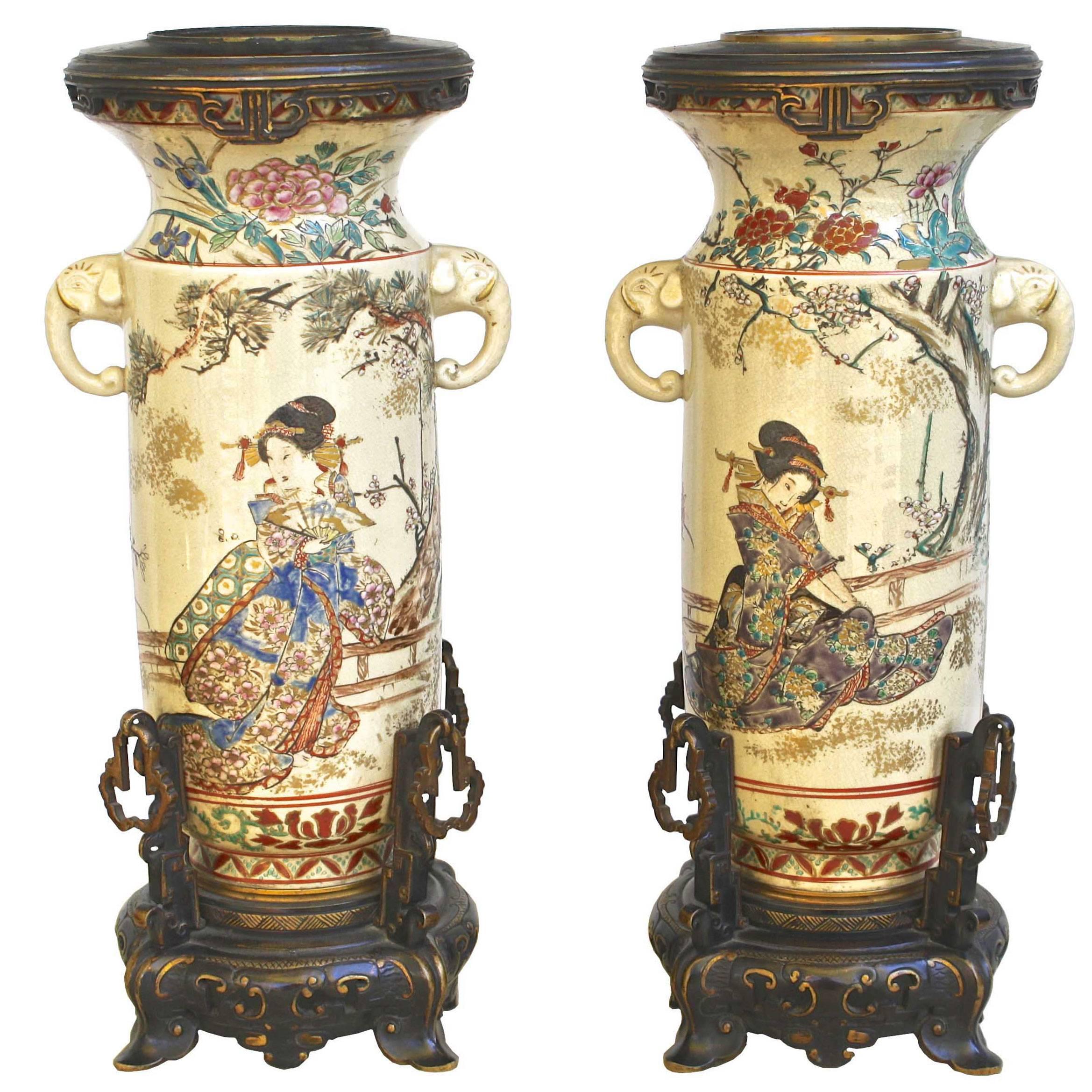 PAIR of Japanese Satsuma Vases For Sale