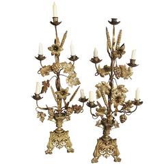 1890s Pair of Gold Gilded French Candelabra with Putties