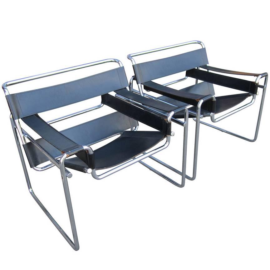 Pair of Black Leather Wassily Chairs by Marcel Breuer for Gordon International 
