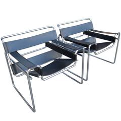 Vintage Pair of Black Leather Wassily Chairs by Marcel Breuer for Gordon International 