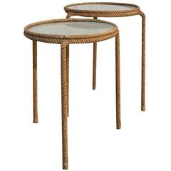 Pair of Rope and Glass Top Stacking Tables by Audoux Minet, France 1960s