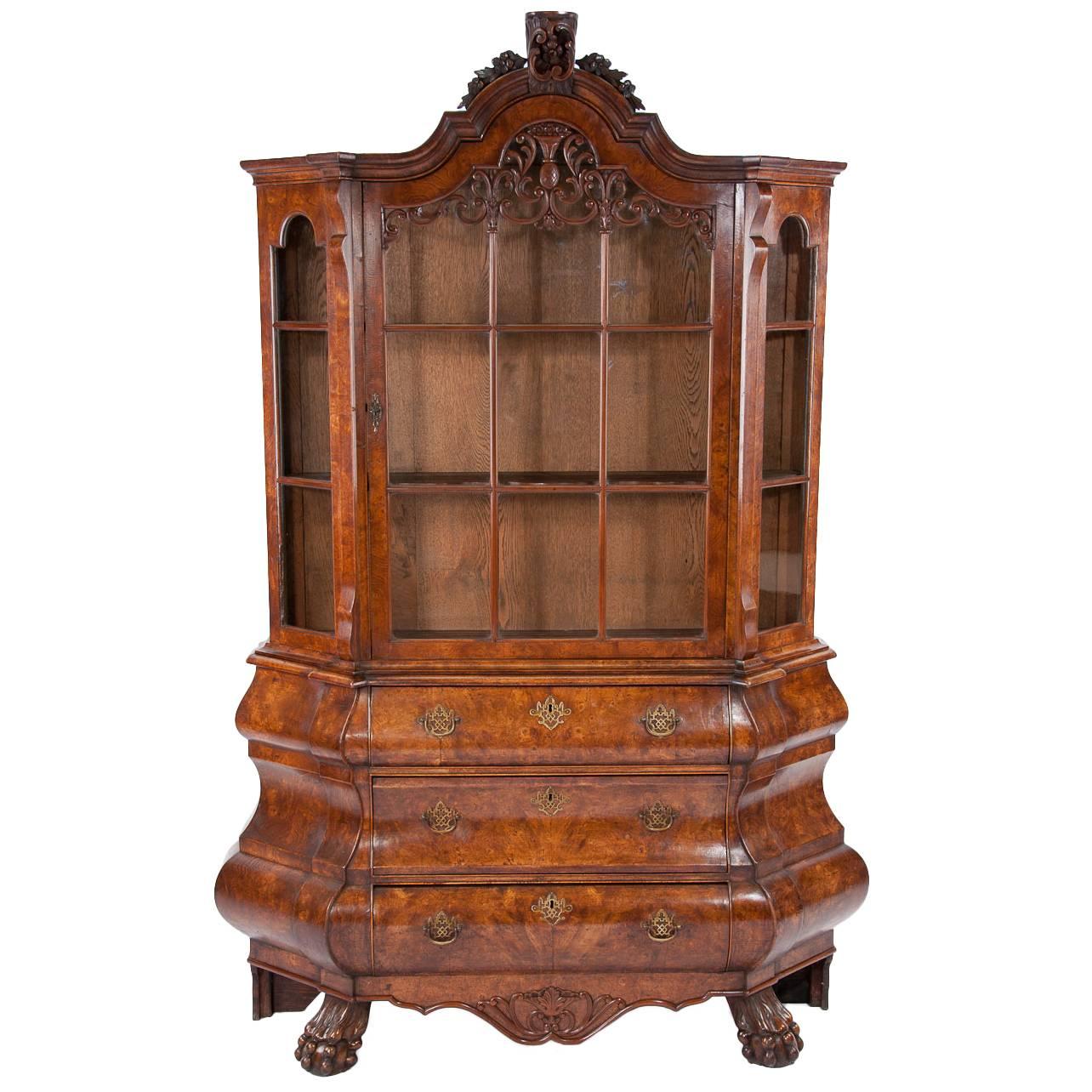Antique Dutch Burr Elm Bombay Display Cabinet