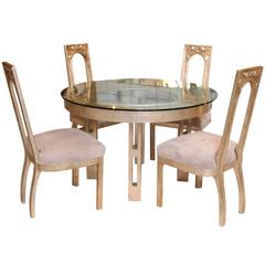 1960s Glazed Silver Leaf Round Dining Table and Four Chair Set by James Mont