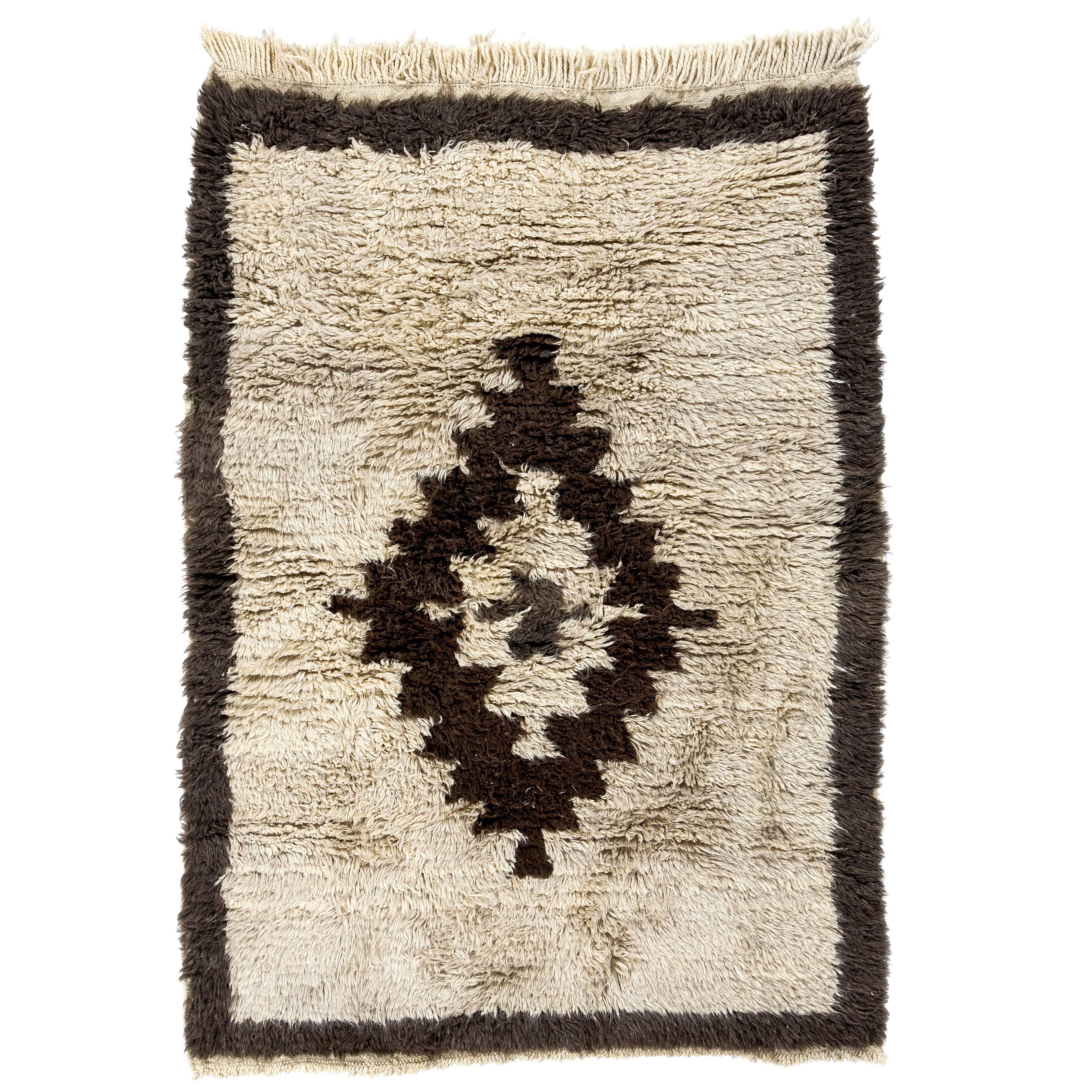 Vintage Hand-knotted Turkish Tulu Wool Rug in Ivory and Brown