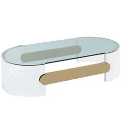 Coffee Table in Lucite with Brushed Brass Stretchers by Raymond Jurado
