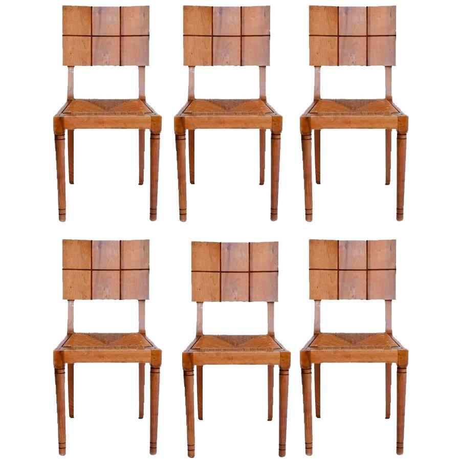 Set of Six Modernist Oak Dining Chairs with Rush Seats