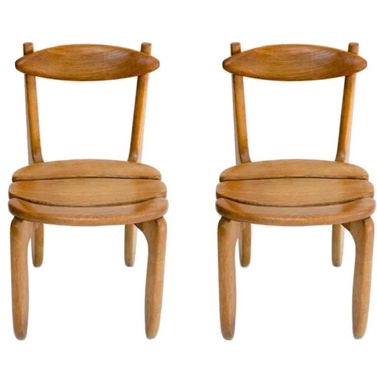 Pair of Oak Side Chairs by Guillerme et Chambron