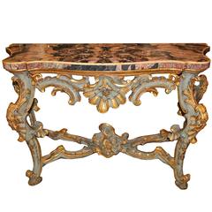 18th Century Venetian Rococo Pale Blue Polychrome and Parcel-Gilt Console