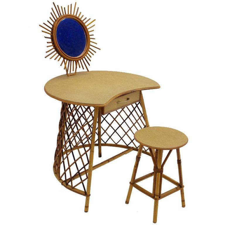 Rattan Vanity im Stil von Jean Royere, 1950er 1