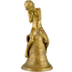 Pernot, Art Nouveau Bronze Sculpture of a Nude Boy on a Bell, France, 1910