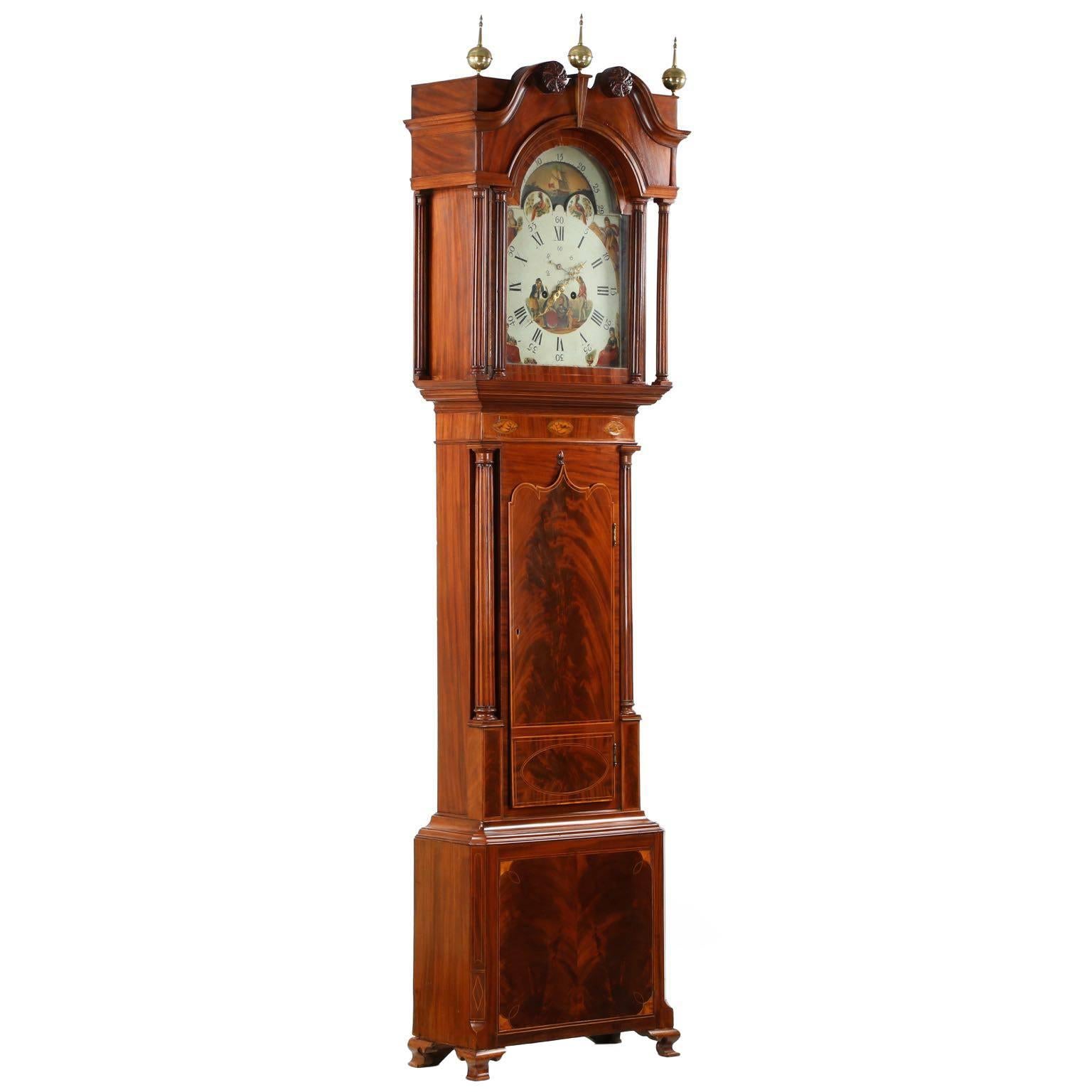 English Georgian Mahogany Antique Tall Case Clock Tribute to Admiral Nelson