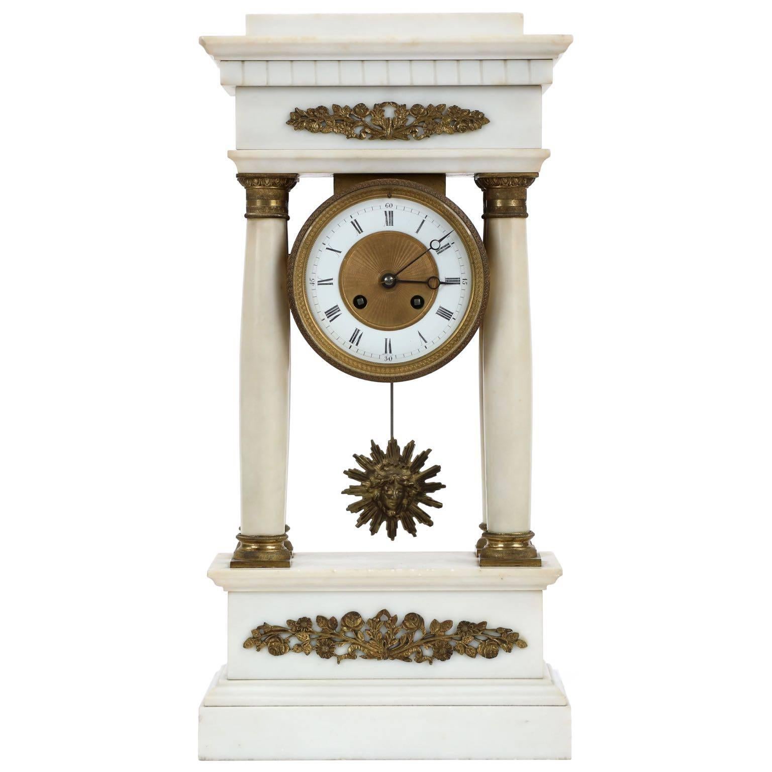 French Charles X Alabaster Antique Portico Mantel Clock, circa 1830
