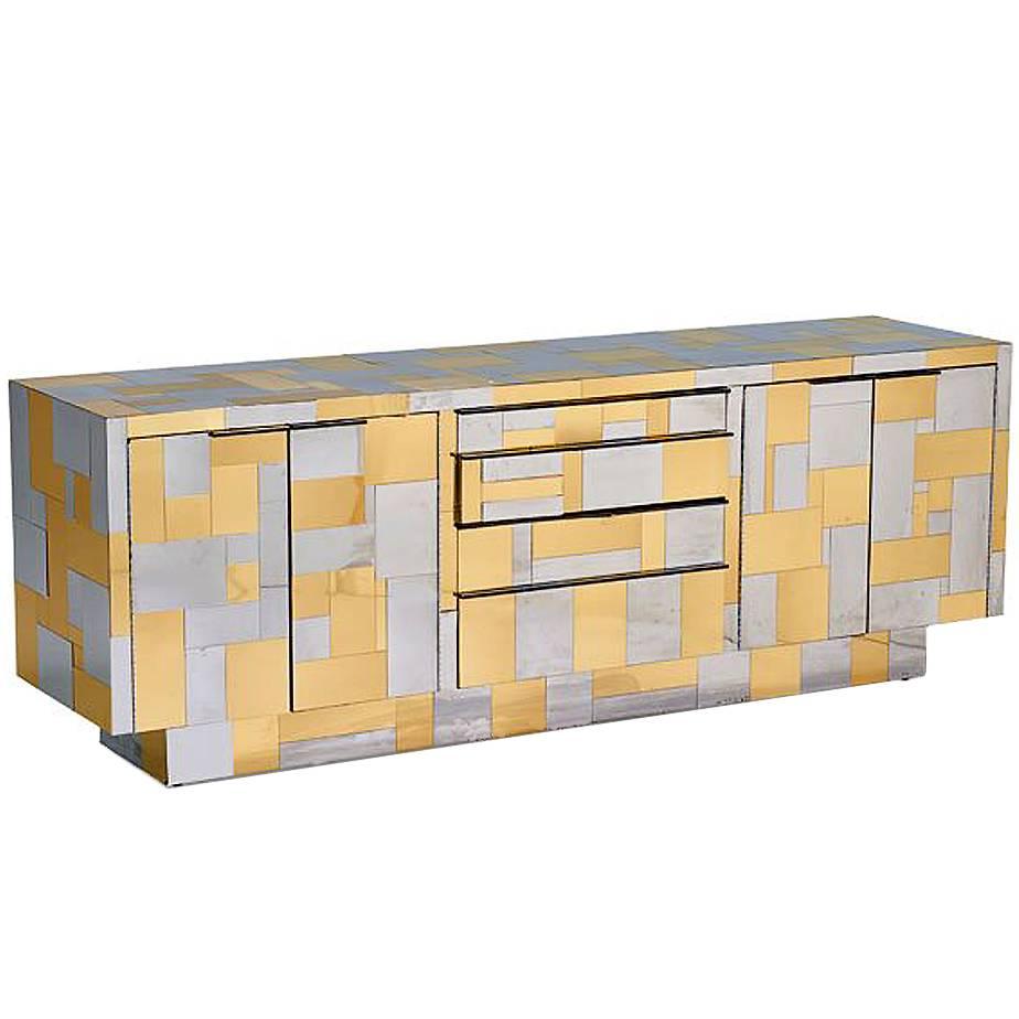 Large Cityscape Credenza in Brass and Chrome by Paul Evans