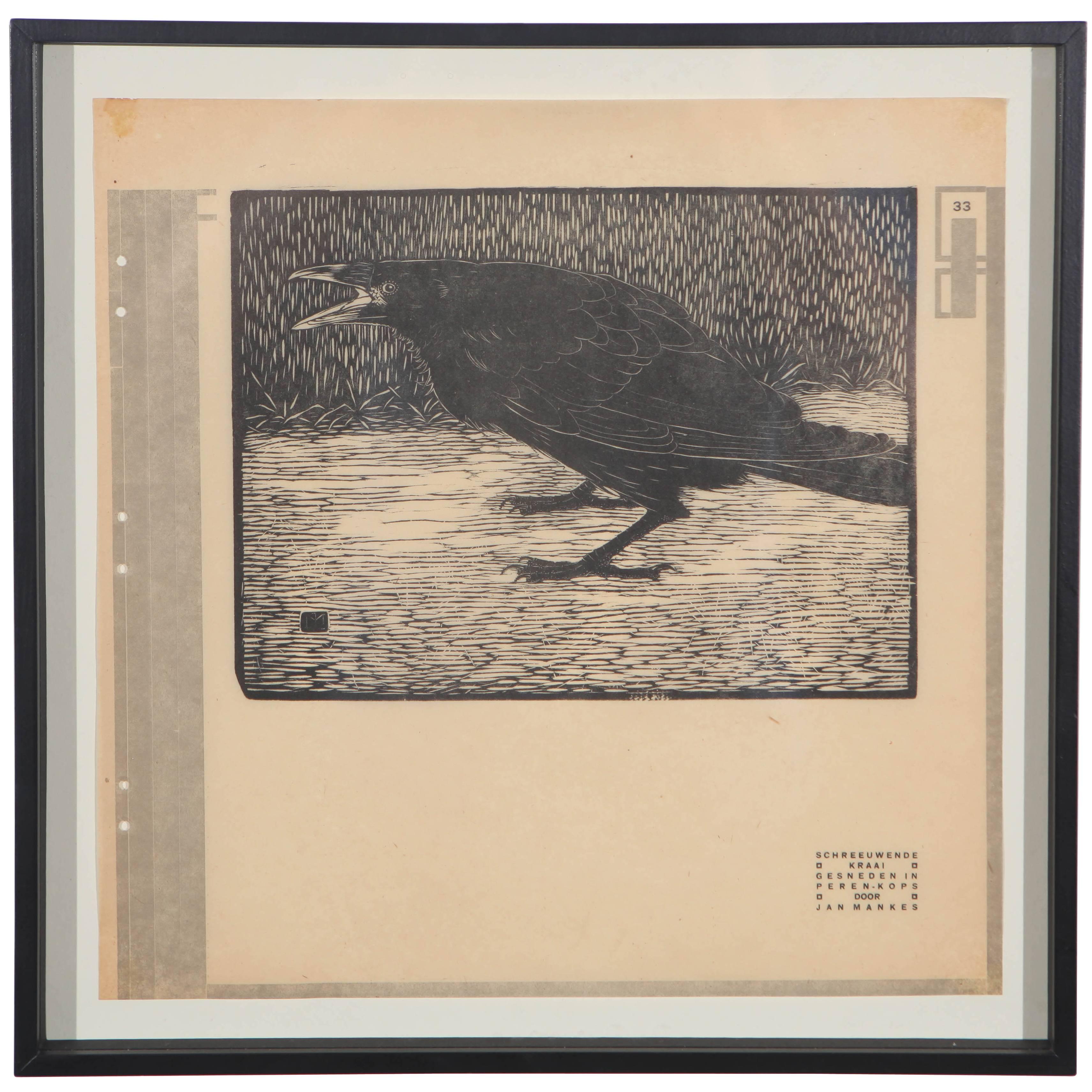 Vintage Woodblock Screeching Crow Print Signed by Jan Mankes 