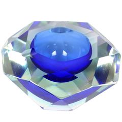  Flavio Poli Diamond Shaped Blue  Faceted Murano Glass Ashtray 