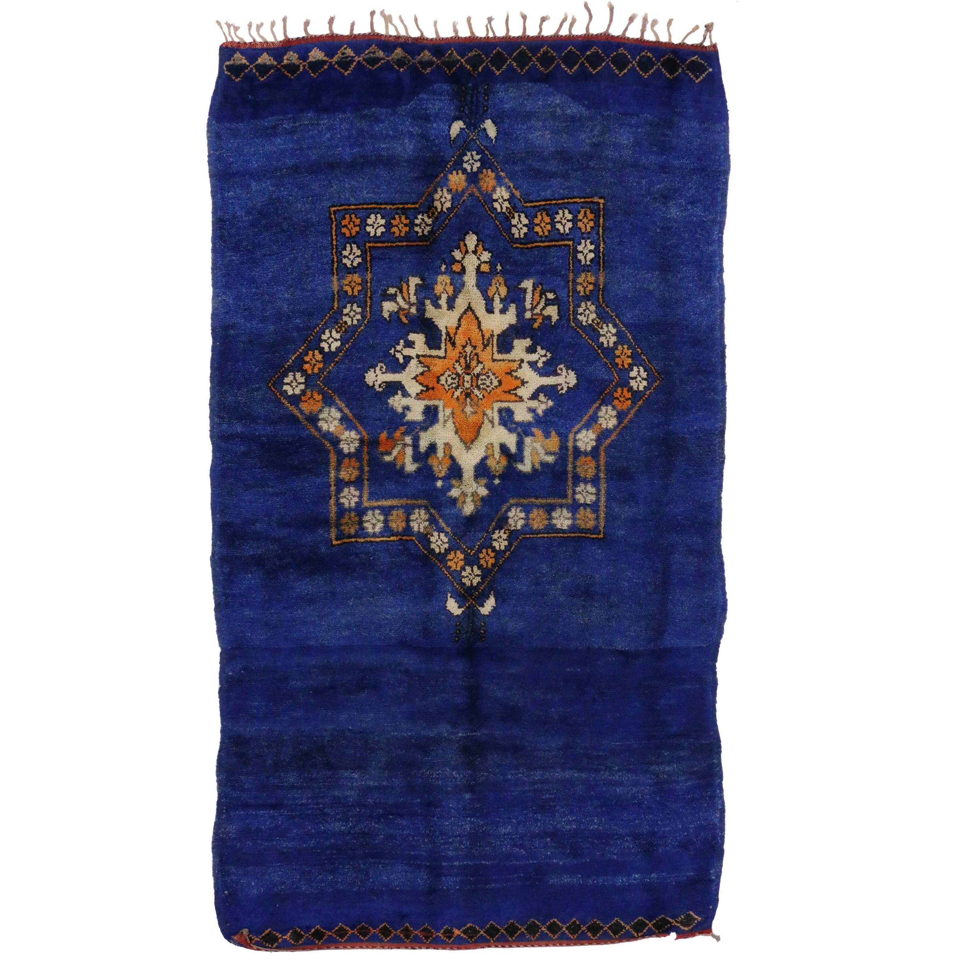 Vintage Berber Moroccan Rug in Cobalt Blue with Modern Tribal Design