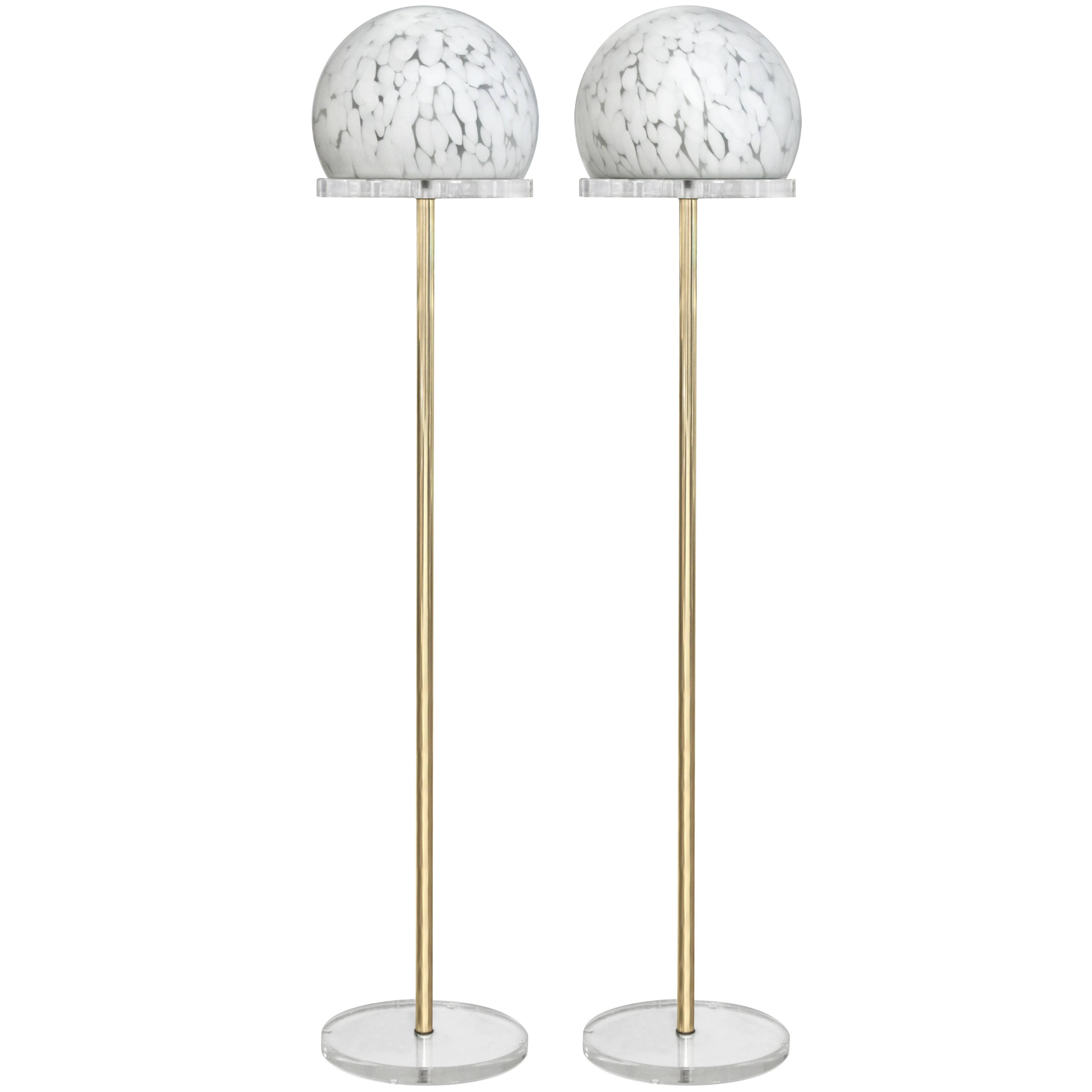 Pair of Floor Lamps in Brass with Mottled Glass Shades