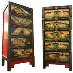 Pair of Hand-Painted Tibetan Chests or Night Stands