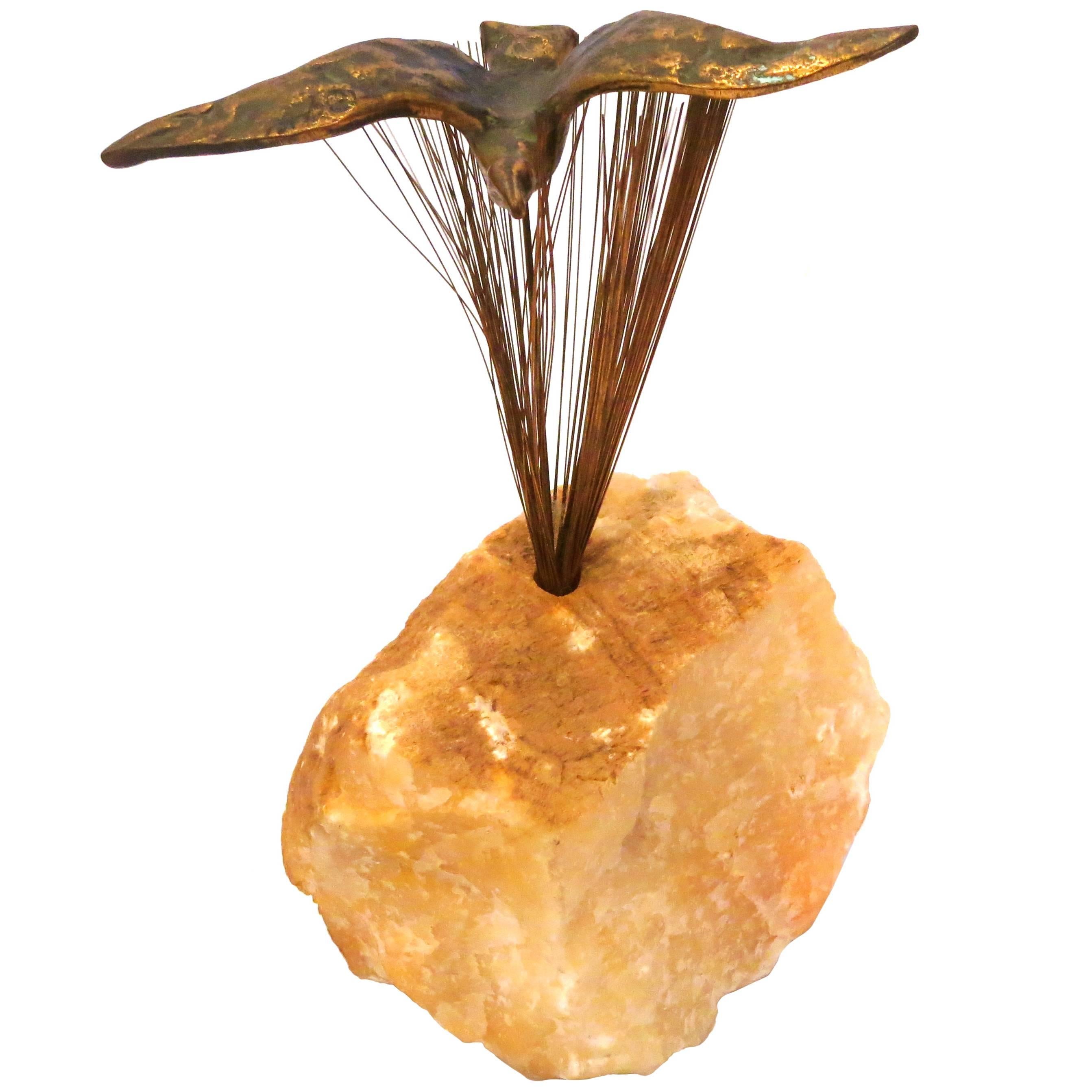 Flying Bird Solid Bronze and Raw Marble Sculpture by Curtis Jere studio