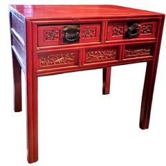 Antique Chinese Red Lacquered Table with Gilded Flowers