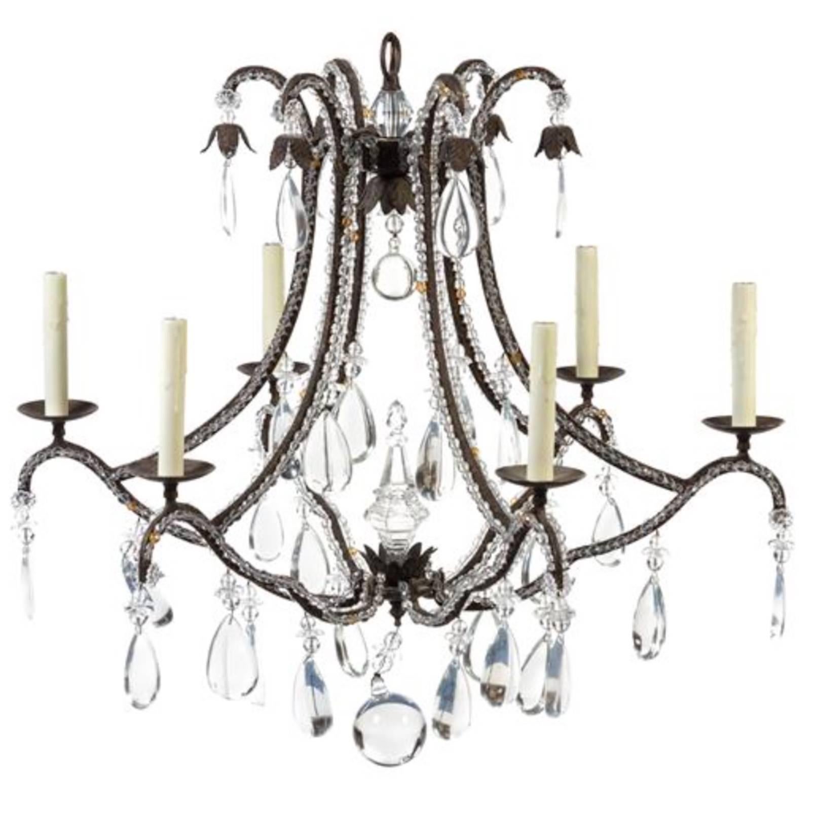 Beaded Wrought Iron Six-Light Chandelier For Sale