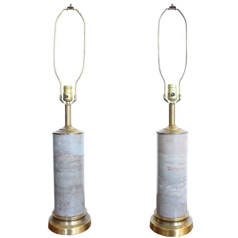 Pair of Marble Lamps with Brass Accents